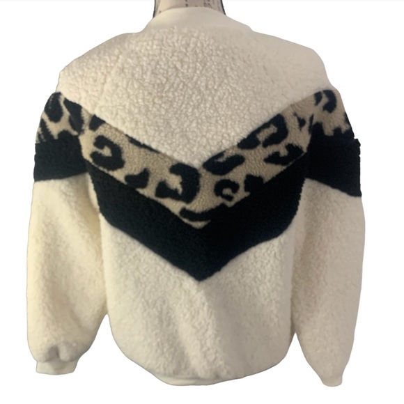 NEW Faux Sherpa Full Zip Chevron Colorblock Leopard Stripe Crew Neck Jacket S - Picture 4 of 8